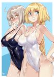  &gt;:( ahoge annoyed bare_shoulders black_swimsuit blonde_hair blue_background blue_eyes blush braid breasts casual_one-piece_swimsuit cleavage clenched_hand closed_mouth collarbone cowboy_shot dual_persona embarrassed fate/grand_order fate_(series) from_side frown grin hair_between_eyes hand_on_hip highleg highleg_swimsuit highres holding_hands impossible_clothes impossible_swimsuit interlocked_fingers jeanne_d'arc_(alter)_(fate) jeanne_d'arc_(fate) jeanne_d'arc_(fate)_(all) large_breasts long_hair looking_at_viewer multiple_girls nanaya_(daaijianglin) nose_blush one-piece_swimsuit outside_border raised_eyebrows shiny shiny_clothes shiny_skin short_hair side-by-side sideboob signature silver_hair simple_background single_braid skin_tight smile smug strap_gap swimsuit thigh_gap v-shaped_eyebrows very_long_hair wavy_mouth white_swimsuit yellow_eyes 