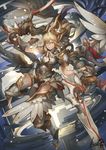  armor blonde_hair cocoaore highres holding holding_sword holding_weapon looking_at_viewer mecha original parted_lips red_eyes sword thighhighs weapon white_legwear 