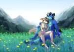  2017 anthro black_nose blue_eyes blue_fur blue_hair breasts canine day detailed_background dog duo eyes_closed featureless_breasts female fur grass grey_fur grey_nose hair male mammal navel nude outside sitting smile wolfirry 