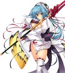  bangs blue_hair breasts chouun cleavage eyebrows_visible_through_hair hair_between_eyes hat highres holding holding_weapon japanese_clothes katagiri_hinata koihime_musou large_breasts looking_at_viewer medium_breasts obi polearm purple_eyes ribbon sash short_hair simple_background smile solo spear thighhighs weapon white_legwear wide_sleeves zettai_ryouiki 