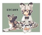  african_wild_dog african_wild_dog_(kemono_friends) african_wild_dog_print animal animal_ears black_eyes blush commentary_request dog_ears dog_tail full_body indian_style kemono_friends pozesuke sitting tail 