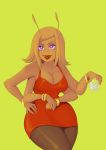  ant antennae arthropod badcactus beverage breasts cleavage clothed clothing cup dress female fire_ant glass green_background hair hymenopteran insect jewelry legwear lipstick makeup multi_limb pantyhose purple_eyes red_dress red_skin short_hair simple_background smile smirk solo voluptuous 