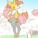  1girl animal_ears blush braixen camera cheerleader fox_ears fox_tail from_behind from_below full_body furry glacierclear grass hair_ornament looking_back no_humans panties panties_aside pigtails pleated_skirt pokemon pokemon_(creature) pokemon_xy pom_poms pussy red_eyes red_panties red_skirt short_sleeves skirt sky smile standing tail tree uncensored 