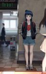  :| against_wall backpack bag bangs black_jacket blue_hair blunt_bangs blurry blush casual closed_mouth coat denim denim_shorts depth_of_field directional_arrow fare_gate hair_bun hands_in_pockets heart heart_print highres indoors jacket long_hair looking_at_viewer love_live! love_live!_sunshine!! open_clothes open_jacket papi_(papiron100) parted_lips print_shirt purple_eyes shade shirt shoes shorts side_bun signature sneakers socks solo_focus standing striped striped_legwear tile_floor tiles track_jacket train_station tsushima_yoshiko unzipped 