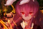  animal_ears bunny_ears bunny_girl chromatic_aberration eyebrows_visible_through_hair gun holding holding_gun holding_weapon imperishable_night long_hair looking_at_viewer parted_lips purple_hair red_eyes reisen_udongein_inaba rhachen smile solo touhou weapon 