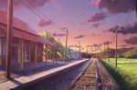  cloud cloudy_sky grass kai_sei no_humans original power_lines railroad_tracks scenery sky sunset 