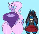  2017 anthro belly big_breasts black_hair blue_background blue_eyes bracelet breasts canine cleavage clothed clothing digital_media_(artwork) dragon dress duo eyelashes female gastropod goodra hair hairband hand_on_hip hat hi_res huge_breasts huge_hips jewelry larger_female leotard lucario mammal multicolored_skin nintendo pok&eacute;mon pok&eacute;morph purple_skin red_eyes simple_background size_difference slightly_chubby slime smile somescrub thick_thighs two_tone_skin video_games voluptuous wide_hips 