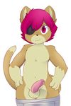  4_fingers anthro berseepon09 brown_fur cat cub erection eye_patch eyewear feline fur hair hi_res humanoid_penis male mammal munks_(character) partially_retracted_foreskin penis pink_eyes pink_hair simple_background solo standing uncut white_background young 