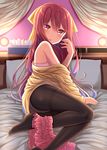  absurdres bed bow bra brown_legwear commentary_request curtains frilled_skirt frills gurande_(g-size) hair_bow highres huge_filesize kamikaze_(kantai_collection) kantai_collection long_hair looking_at_viewer lying on_side panties panties_under_pantyhose pantyhose pillow pink_bra pink_panties purple_eyes red_hair skirt skirt_around_one_leg solo sweater thighband_pantyhose tissue_box underwear yellow_bow 