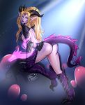  2017 armor blonde_hair breasts butt claws dragon female fingers hair hi_res horn humanoid league_of_legends light_ray long_hair looking_at_viewer missbehaviour_(artist) presenting presenting_hindquarters purple_eyes purple_skin riot_games scalie simple_background solo spade_tail toe_claws video_games zyra_(lol) 