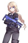  armband black_gloves blonde_hair blue_eyes bullpup commentary_request formal gloves grey_pants gun hair_between_eyes hair_ribbon highres long_sleeves low_ponytail neit_ni_sei original pala_bergsson pants ribbon rifle simple_background solo suit weapon white_background 