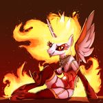  2017 armwear clothing corset daybreaker_(mlp) docwario elbow_gloves equine fangs fire flaming_hair friendship_is_magic gloves hair hi_res horn legwear lingerie looking_at_viewer mammal my_little_pony sharp_teeth sitting slit_pupils solo stockings teeth thong winged_unicorn wings yellow_eyes 