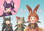  :3 :d ? animal_ears bat_ears bat_wings blush brown_hair brown_long-eared_bat_(kemono_friends) closed_eyes common_vampire_bat_(kemono_friends) emphasis_lines fangs fraternal_myotis_(kemono_friends) fur_collar gradient_hair green_hair hair_between_eyes hands_on_hips hilgendorf's_tube-nose_bat_(kemono_friends) kemono_friends long_hair mask multicolored_hair multiple_girls open_mouth pointing pointing_at_self pozesuke purple_eyes purple_hair red_eyes school_uniform serafuku short_hair smile tengu_mask wings 