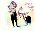  2016 ahiru621 anthro clothed clothing cosplay costume crossover disney english_text female flat_chested hoodie judy_hopps lagomorph mammal marvel mask multiple_poses open_mouth open_smile pose purple_eyes rabbit signature smile solo spider-gwen spider_web text tight_clothing zootopia 