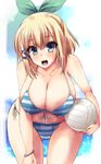  1girl ball bare_shoulders beach_volleyball bikini blonde_hair blue_eyes blush breasts cleavage hair_ornament large_breasts midriff open_mouth ribbon rokudenashi_majutsu_koushi_to_akashic_record rumia_tingel short_hair solo swimsuit 