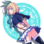  1girl ass back blonde_hair blue_eyes breasts butt_crack hair_ornament midriff rokudenashi_majutsu_koushi_to_akashic_record rumia_tingel school_uniform short_hair skirt thighhighs 