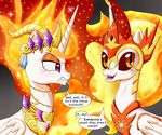  2017 crown daybreaker_(mlp) deusexequus dialogue duo english_text equine fangs female fire flaming_hair friendship_is_magic gold_(metal) hair horn jewelry mammal my_little_pony necklace nightmare_star_(mlp) purple_eyes sharp_teeth teeth text winged_unicorn wings yellow_eyes 