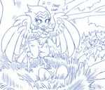  &lt;3 2016 animal_humanoid avian blue_and_white blush breasts cleavage clothed clothing egg english_text feathered_wings feathers female harpy humanoid midriff monochrome monster_girl_(genre) musical_note navel nest plagueofgripes shantae shantae_(series) solo text tree wings 