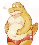  2016 4_fingers alfonso_(animal_crossing) alligator animal_crossing anthro belly big_belly boxer_briefs bulge clothed clothing crocodilian digital_media_(artwork) glitter_trap_boy hi_res male moobs navel nintendo nipples obese orange_scales overweight reptile scales scalie simple_background solo topless underwear video_games white_background 