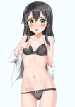  black_bra black_hair black_panties blue_background blush bra embarrassed hair_between_eyes hair_ornament hairpin hand_on_own_chest highres kantai_collection long_hair looking_at_viewer navel nedia_(nedia_region) open_mouth oyashio_(kantai_collection) panties simple_background solo teeth underwear undressing yellow_eyes 