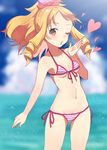  ass_visible_through_thighs bare_arms bare_legs bikini blonde_hair blurry blurry_background bow breasts brown_eyes collarbone commentary drill_hair eromanga_sensei front-tie_bikini front-tie_top groin hair_bow heart long_hair looking_at_viewer minatoasu navel one_eye_closed open_mouth ponytail ringlets side-tie_bikini small_breasts solo sparkle standing striped striped_bikini swimsuit yamada_elf 