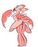  1girl antennae ass blush blush_stickers breasts from_behind full_body glacierclear insect_girl looking_back lurantis no_humans pokemon pokemon_(creature) pokemon_sm red_eyes simple_background small_breasts smile solo standing white_background 