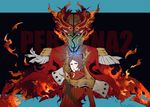  apollo_(persona_2) blue_eyes brown_eyes brown_hair cape copyright_name fire jacket memessa multiple_boys persona persona_2 red_jacket serious suou_tatsuya track_jacket track_suit 