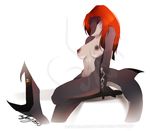  2015 anthro breasts female fish hair long_hair looking_at_viewer marine navel nipples non-mammal_breasts nude orange_hair shark simple_background sitting solo vexstacy watermark white_background 