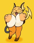  2019 anthro big_breasts breasts digital_media_(artwork) embarrassed female huge_breasts hyper hyper_breasts mr.under nintendo nipples nude open_mouth pok&eacute;mon pok&eacute;mon_(species) raichu short_stack simple_background smile solo thick_thighs video_games wide_hips 