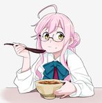  ahoge bowl double_bun eating food food_on_face glasses gyuudon kantai_collection long_hair long_sleeves looking_at_viewer makigumo_(kantai_collection) ojipon pink_hair school_uniform shirt solo spoon twintails upper_body white_shirt wooden_spoon yellow_eyes 
