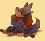  anthro barefoot canine clothed clothing cowboy coyote dog duo front_view fully_clothed glitter_trap_boy interlocked_fingers male male/male mammal neckerchief romantic_couple sheriff_dogo signature sitting 