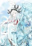  blue_eyes blush boots commentary_request dress fate/grand_order fate_(series) flower gloves hair_flower hair_ornament hat highres horse long_hair looking_at_viewer marie_antoinette_(fate/grand_order) mizutame_tori silver_hair smile solo thigh_boots thighhighs transparent twintails 