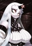  :&lt; absurdres breasts detached_sleeves dress eyelashes highres horn kantai_collection koi_drake large_breasts long_hair red_eyes ribbed_dress seaport_hime shinkaisei-kan solo upper_body very_long_hair white_dress white_hair white_skin 