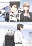  1boy 3girls ahoge artoria_pendragon_(all) aura black_hair cape comic cross cross_necklace faceless faceless_male fate/grand_order fate_(series) from_behind fujimaru_ritsuka_(male) fur-trimmed_cape fur_trim ginhaha grey_hair headdress indoors jeanne_d&#039;arc_(alter)_(fate) jeanne_d&#039;arc_(fate)_(all) jeanne_d'arc_(alter)_(fate) jeanne_d'arc_(fate)_(all) jewelry light_brown_eyes light_brown_hair long_sleeves multiple_girls necklace open_mouth pointy_ears saber_alter semiramis_(fate) short_hair silent_comic spoken_character 