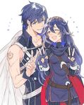  1girl armor blue_eyes blue_hair blush cape father_and_daughter fingerless_gloves fire_emblem fire_emblem:_kakusei gloves krom long_hair lucina one_eye_closed open_mouth short_hair smile sword tiara weapon 