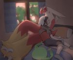  ambiguous_gender bed blaziken blush clothed clothing detailed_background duo fully_clothed human inside kajinchu mammal nintendo on_bed pok&eacute;mon pok&eacute;mon_trainer video_games 