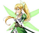  between_breasts blonde_hair bracelet braid breasts choker collarbone cowboy_shot green_eyes green_wings hair_between_eyes hair_ornament hand_between_breasts high_ponytail jewelry large_breasts leafa long_hair official_art pants pointy_ears sheath sheathed solo standing sword_art_online sword_art_online:_code_register transparent_background twin_braids white_pants wings 
