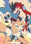  black_hair blue_eyes claws fur furry gen_7_pokemon lycanroc no_humans open_eyes open_mouth pokemon pokemon_(creature) pokemon_(game) pokemon_sm red_eyes salanchu sharp_teeth smile tail teeth tongue white_hair wolf wolf_ears wolf_paws wolf_tail 