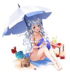  ball barefoot beachball bikini blue_eyes blush breasts bucket cleavage crab double_bun large_breasts long_hair open_mouth original pointy_ears sand_castle sand_sculpture shovel silver_hair solo swimsuit umbrella yumaomi 