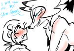  anthro badassbaal biting_lip blue_eyes blush breasts clothed clothing dialogue duo english_text eye_contact female human larger_female lycanroc male mammal midday_lycanroc nintendo nude open_mouth pok&eacute;mon size_difference text video_games 