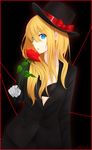  :o arm_at_side artist_name bangs black_background black_bra black_hat black_jacket blonde_hair blue_eyes border bow bra breasts buttons collarbone commentary_request earrings flower formal gloves hair_between_eyes hat hat_bow hat_ribbon heart heart_earrings highres holding holding_flower jacket jewelry leaf long_hair long_sleeves looking_at_viewer no_shirt outline parted_lips red_border red_bow red_flower red_outline red_ribbon red_rose ribbon rko_(a470350510) rose shiny shiny_hair sideways_glance signature simple_background small_breasts solo suit top_hat underwear upper_body violet_evergarden violet_evergarden_(character) white_gloves 
