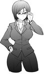  absurdres adjusting_eyewear breasts choker cleavage formal glasses greyscale hand_on_eyewear highres large_breasts long_sleeves monochrome okyou short_hair solo suit the_king_of_fighters whip_(kof) 