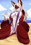  2017 anthro big_breasts breasts butt canine clothed clothing female fox fur hair iwbitu looking_at_viewer mammal naomi_fox nipples pussy red_fur skimpy solo swimsuit white_fur white_hair 