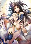  :d bandeau bangs black_hair breasts brown_eyes commentary_request earrings fate/grand_order fate_(series) floating_hair foreshortening hair_ornament highleg hirai_yuzuki hoop_earrings ishtar_(fate/grand_order) jewelry knee_up long_hair long_legs medium_breasts navel open_mouth parted_bangs smile solo thighs two_side_up wavy_hair 