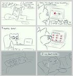  2016 bed cat comic crying dialogue digital_media_(artwork) duo english_text eyes_closed eyewear feline glasses hi_res humor lying mammal melvismd on_back on_bed simple_background sitting sleeping smile tears text the_truth whiskers worried 