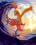  combusken gen_3_pokemon kicking leg_lift no_humans ocean pokemon pokemon_(creature) pose red_eyes sky smile solo standing standing_on_liquid sun sunlight sunset surfing water waves yu_(mekeneko1998) 