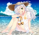  barefoot beach cloud cloudy_sky day fang green_eyes hat holding holding_shoes long_hair ocean one_eye_closed open_mouth original outdoors sandals_removed shoes shoes_removed silver_hair sitting sky smile solo straw_hat summer sun_hat toenail_polish toujou_mina v water wet wet_clothes 