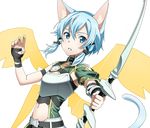  animal_ears black_ribbon blue_eyes blue_hair bow_(weapon) breastplate cat_ears cat_tail hair_between_eyes hair_ribbon holding holding_bow_(weapon) holding_weapon looking_at_viewer midriff navel official_art parted_lips ribbon short_hair_with_long_locks sidelocks sinon sinon_(sao-alo) solo standing stomach sword_art_online sword_art_online:_code_register tail transparent_background upper_body weapon yellow_wings 