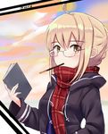  artoria_pendragon_(all) bangs blonde_hair book braid closed_mouth coat duffel_coat eyebrows_visible_through_hair fate/grand_order fate_(series) food french_braid glasses highres holding holding_book i.f.s.f looking_at_viewer mouth_hold mysterious_heroine_x_(alter) open_clothes open_coat plaid plaid_scarf pocky red_scarf rimless_eyewear scarf sidelocks solo twitter_username upper_body yellow_eyes 