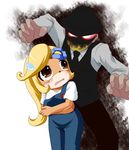  1boy 1girl aura blonde_hair blush brown_eyes character_request coco_bandicoot copyright_request crash_bandicoot crossover dark_aura flower furry gloom_(expression) glowing glowing_eyes hair_flower hair_ornament hat height_difference long_hair mask open_mouth overalls ponytail sakamoto_aoi scared sweatdrop teardrop tears 